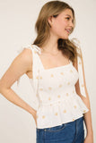 Daisy Embroidery Smocked Tie Strap Top