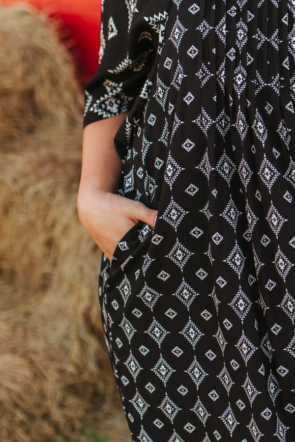 Plus Size Black Aztec Printed Pleated Square Neckline Dress