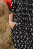 Plus Size Black Aztec Printed Pleated Square Neckline Dress