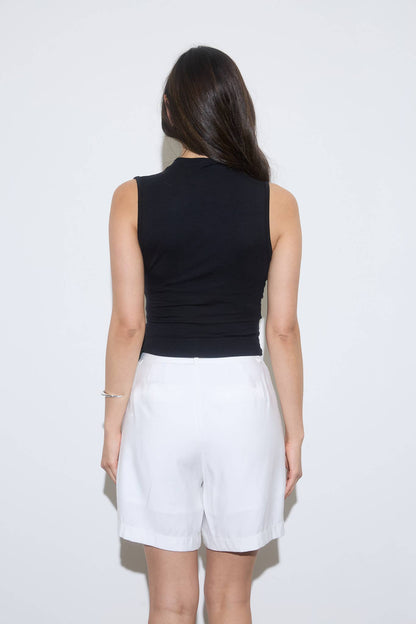 Mock Neck Ruched Shoulder Sleeveless Top