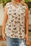 Plus Size Ivory Horse Printed Yoke Sleeveless Shirt