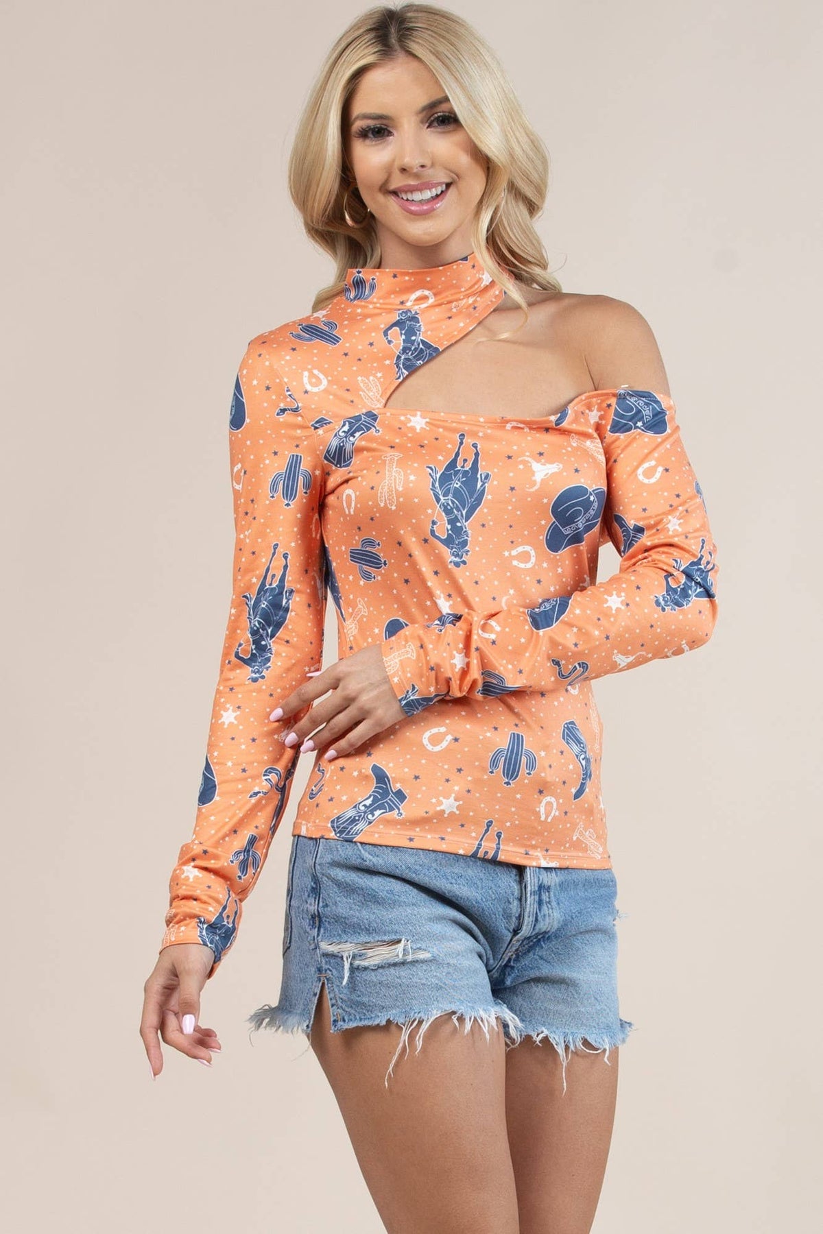 Western Cowboy Print Cut Off Mock Neck Top