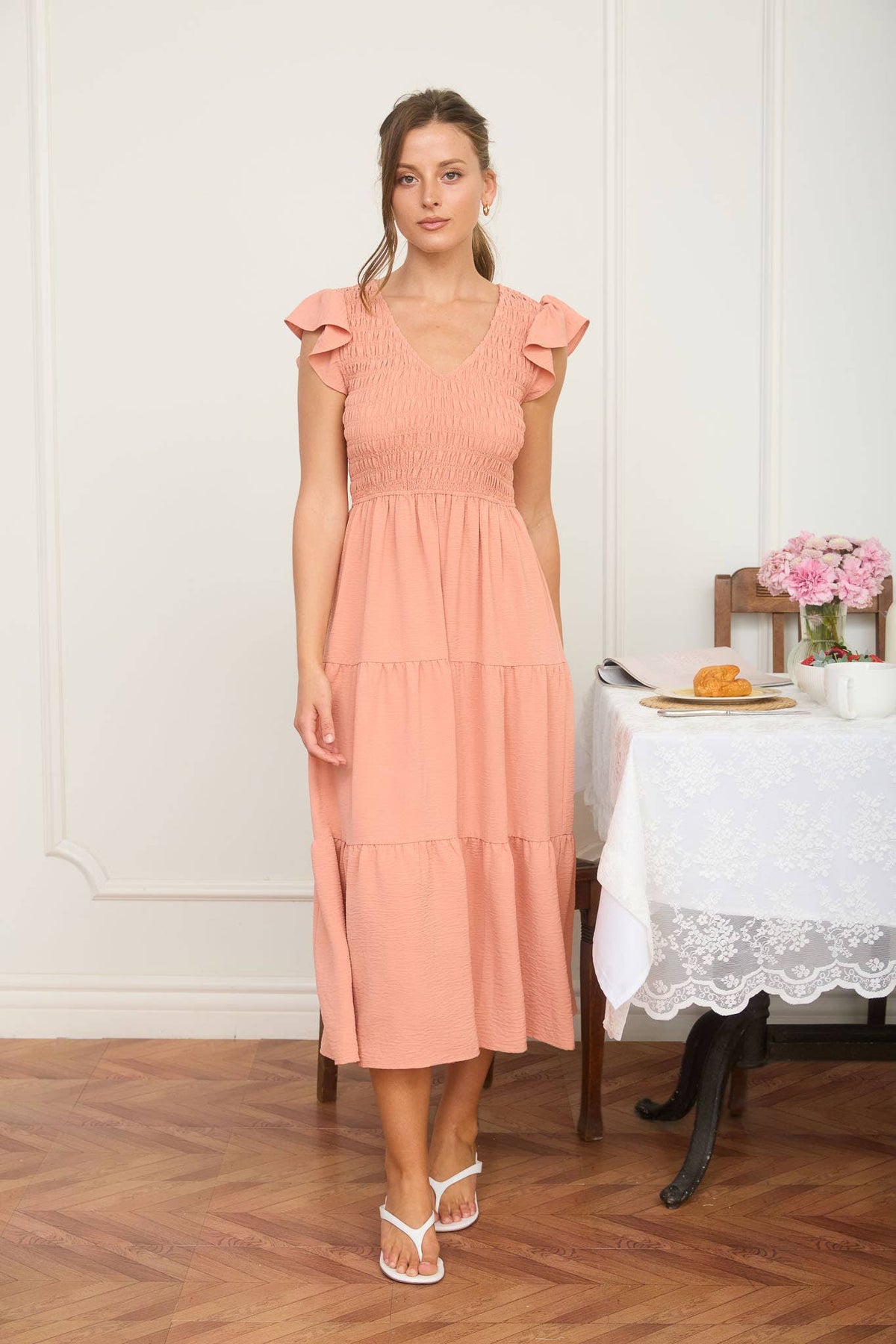 Flutter Sleeve V Neck Smocked Midi Dress
