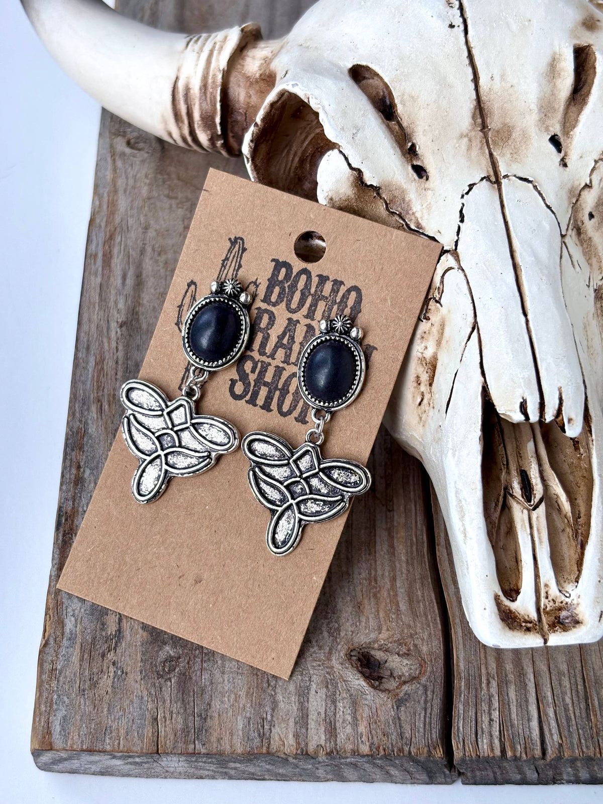 Western Oval Stone Concho Boot Stitch Post Drop Earrings