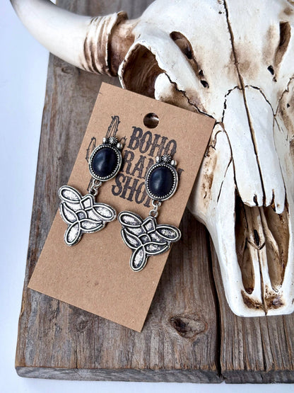 Western Oval Stone Concho Boot Stitch Post Drop Earrings