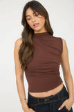 Mock Neck Ruched Shoulder Sleeveless Top