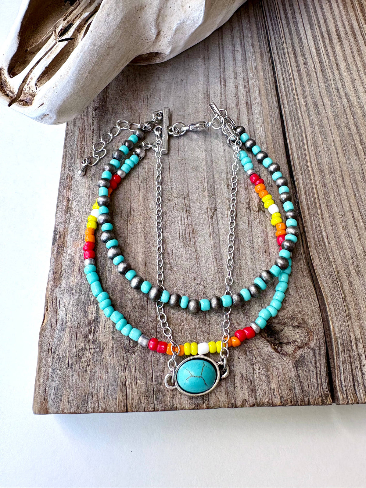 3 Layered Navajo Style Pearl Bead & Stone Concho Bracelet