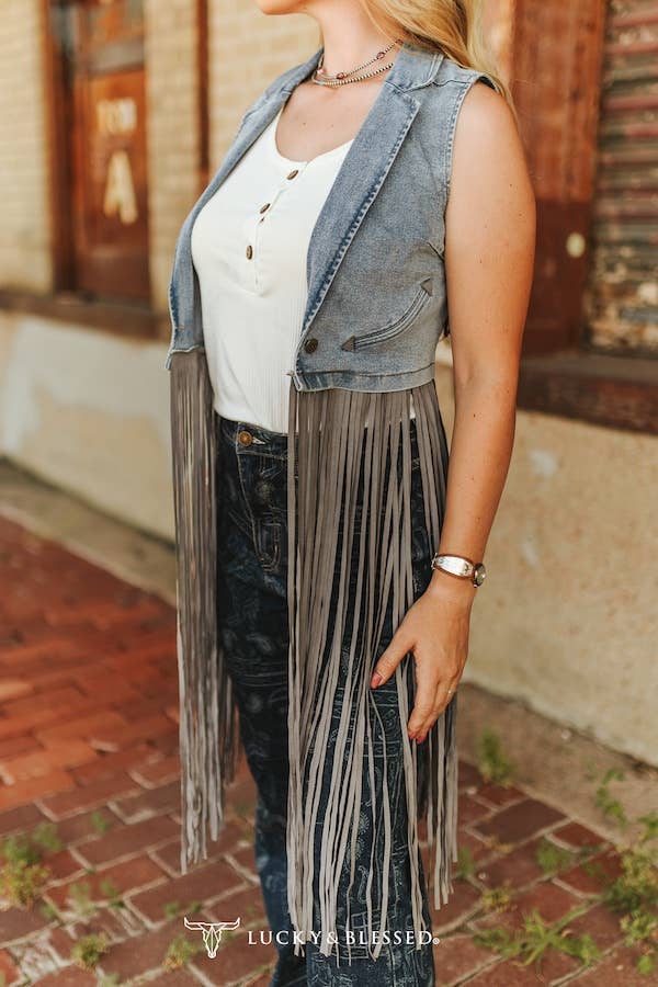Stone Wash Denim Fringe Denim Vest