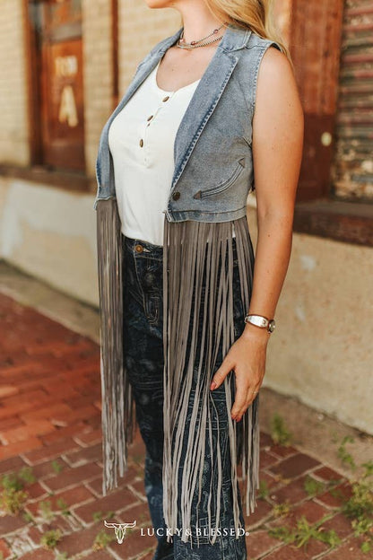 Stone Wash Denim Fringe Denim Vest