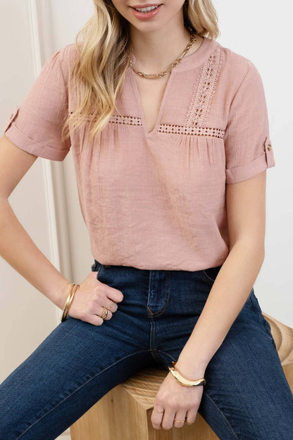 Short Sleeve Lace Trim Blouse