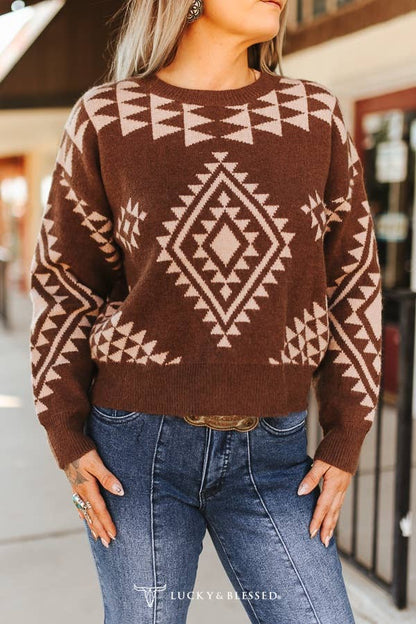 Plus Mocha Brown Beige Aztec Knitted Long Sleeve Sweater