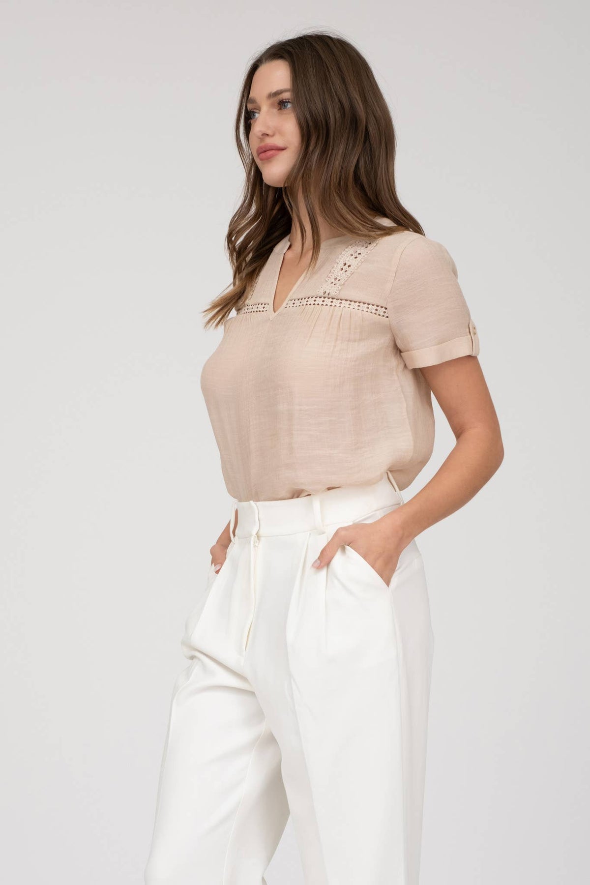 Short Sleeve Lace Trim Blouse