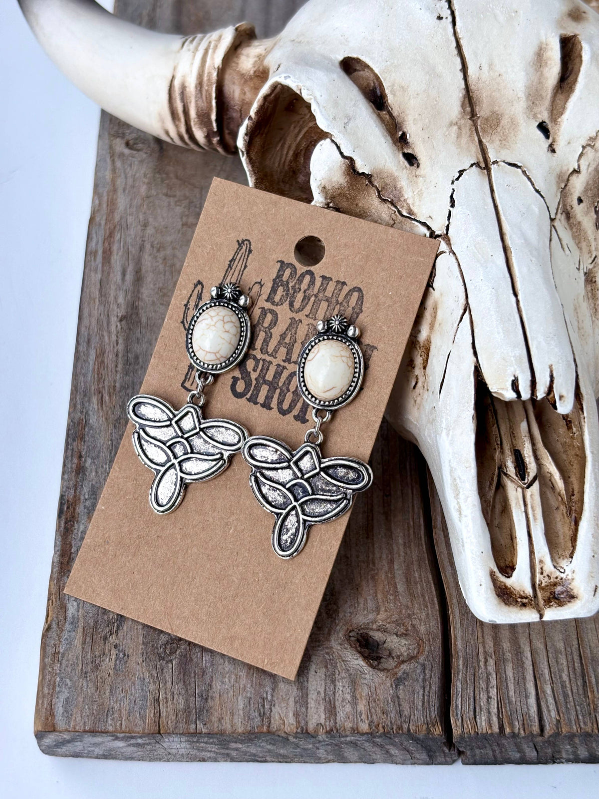Western Oval Stone Concho Boot Stitch Post Drop Earrings