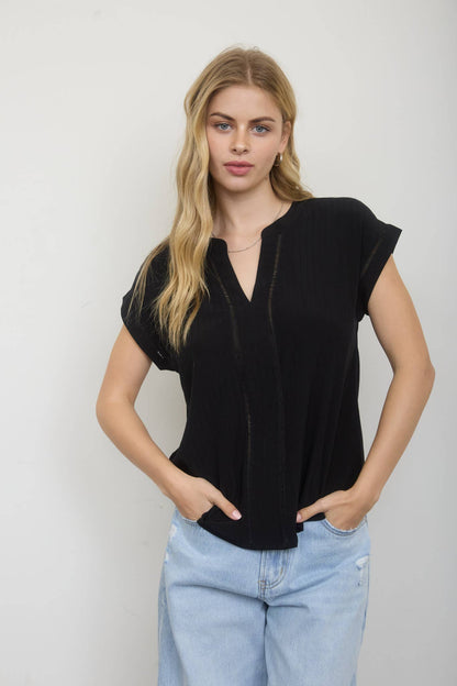 Ladder Lace Trim Split Neck Top