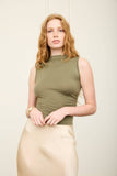 Mock Neck Ruched Shoulder Sleeveless Top