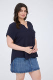 Plus Sprit Neck Back Button Short Sleeve Top