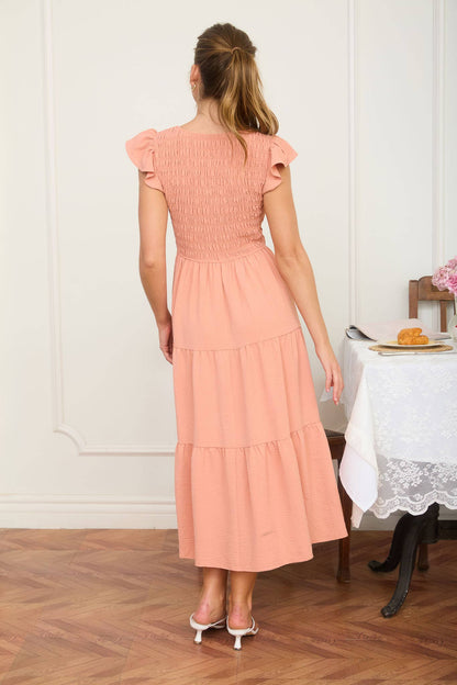 Flutter Sleeve V Neck Smocked Midi Dress