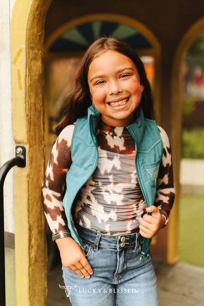Girls Jade Puffer W Aztec Lining Boot Stitch Detail Vest
