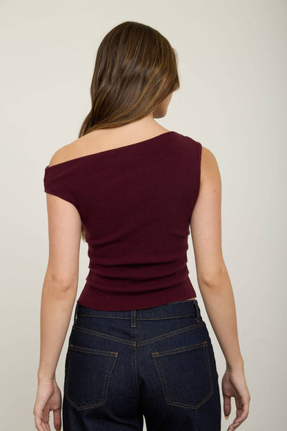 Asymmetric Boat Neck Fitted Knit Top