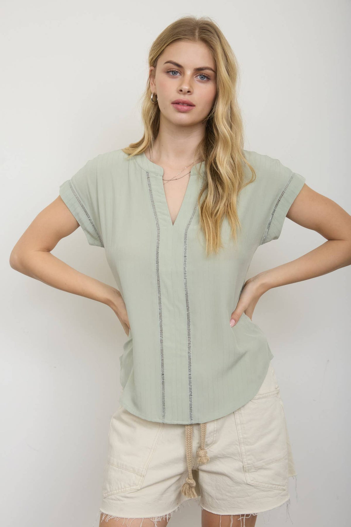 Ladder Lace Trim Split Neck Top