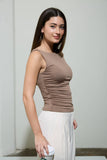 Boat Neck Sleeveless Ruched Knit Top