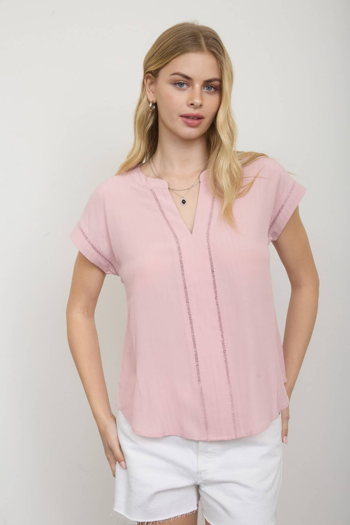 Ladder Lace Trim Split Neck Top