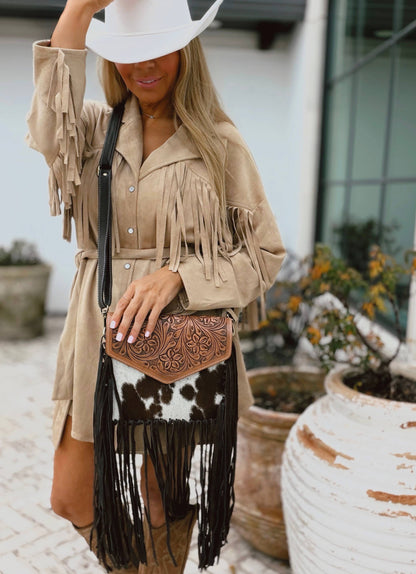 Western Leather Cowhide Fringe Tassel Clutch Crossbody