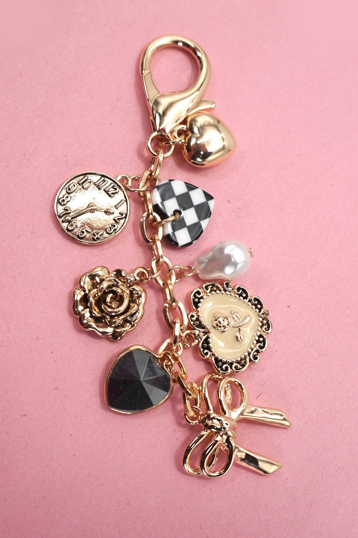 Bow, Checker Heart, Flower Bag Charm